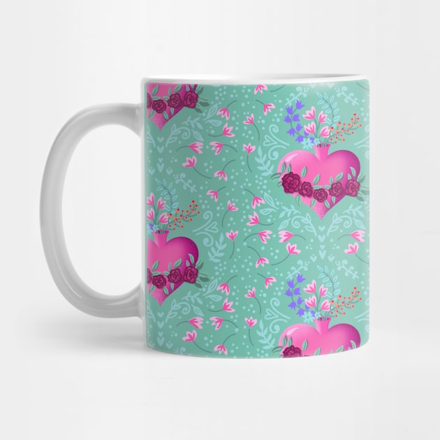 blooming heart on mint pattern by Lamalou Design